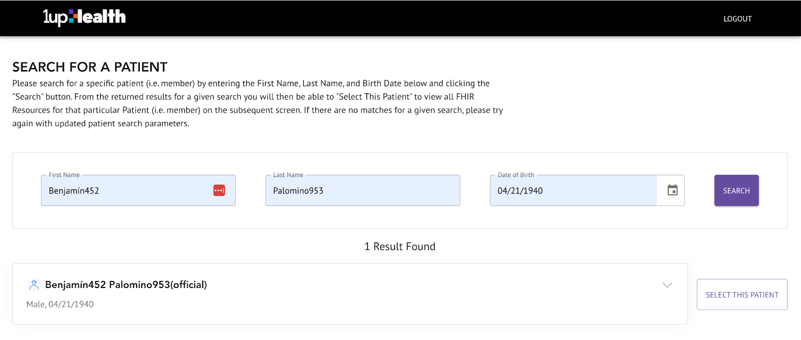Image of Patient Viewer displaying the First Name, Last Name, and Birth Date fields and a search button.