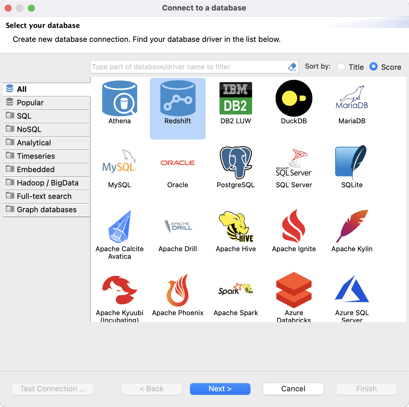 Screenshot of the DBeaver Connect to a database dialog box