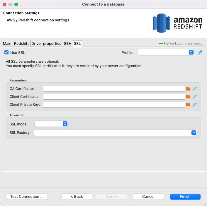 Screenshot of the DBeaver Connection Settings dialog box, SSL tab