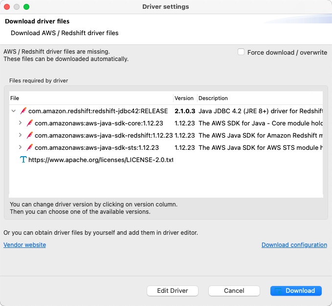 Screenshot of the DBeaver driver settings for Redshift dialog box