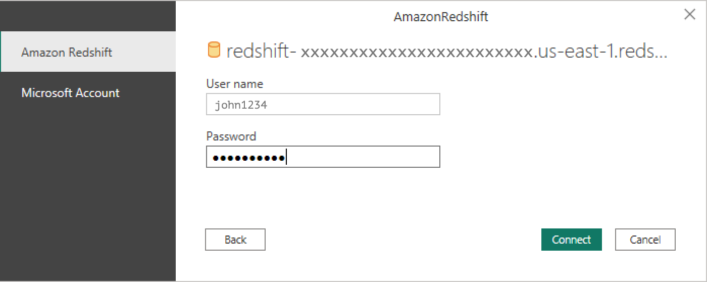 Screenshot of the Amazon Redshift authentication page