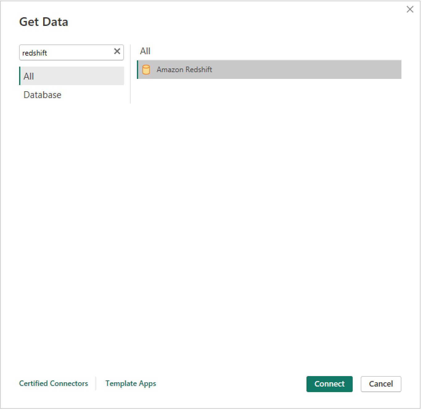 Screenshot of the MS Power BI Amazon Redshift Get Data dialog box