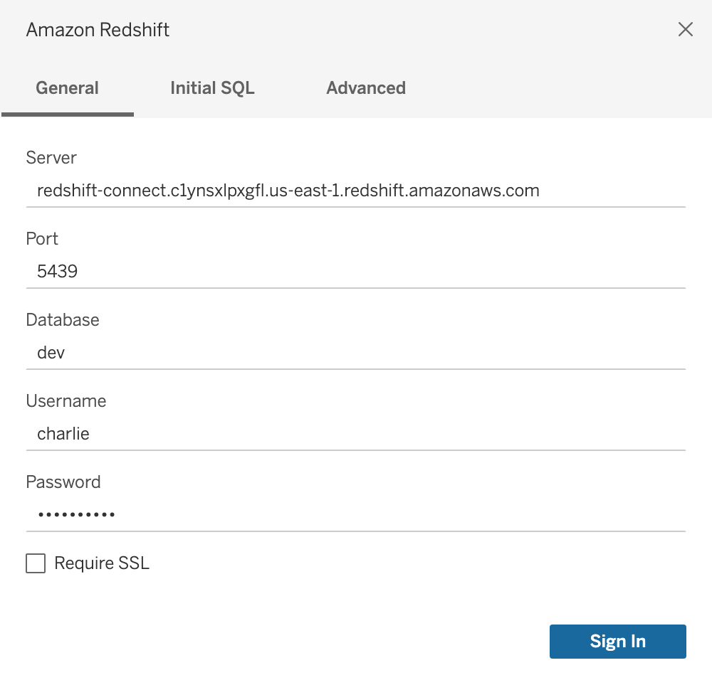 Screenshot of the Amazon Redshift General connection dialog box in Tableau