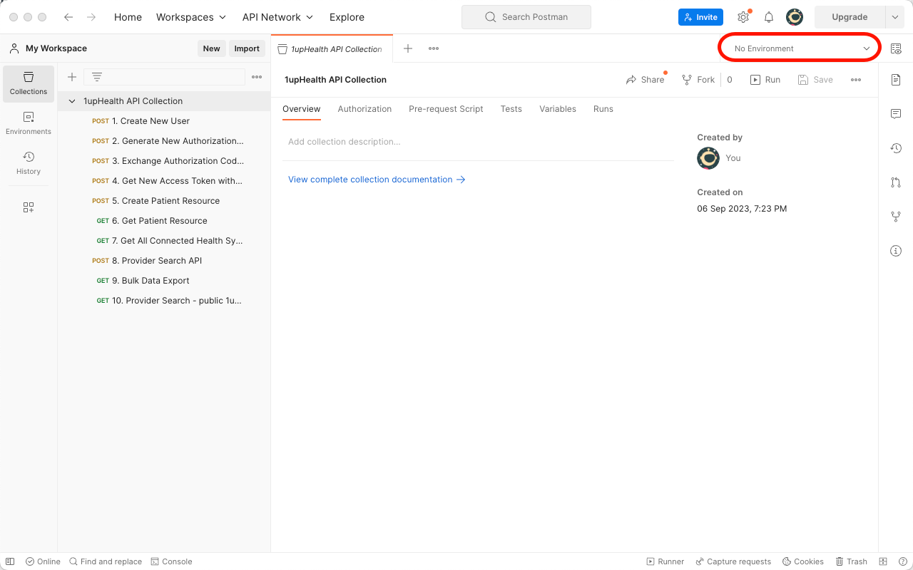 Screenshot of Postman with the 1upHealth API Collection