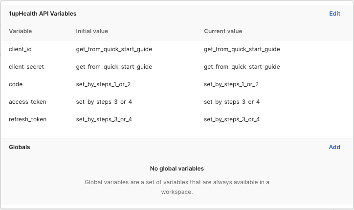 Screenshot of the 1upHealth API Variables 